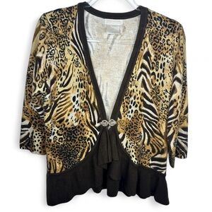 Christina Rhinestone Marcasite Clasp Leopard Animal Print Ruffle Sweater PL